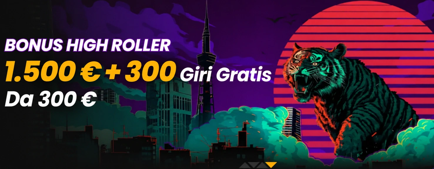 Banner del bonus High Roller di Wild Tokyo Casino con una tigre davanti allo skyline di Tokyo