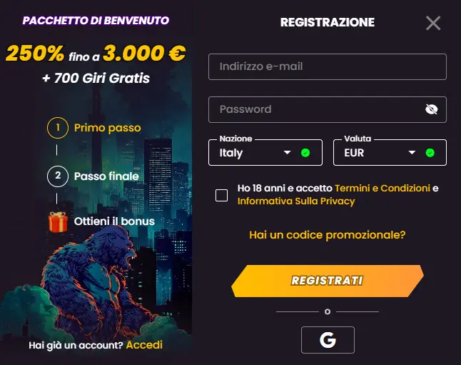 Modulo di registrazione di Wild Tokyo Casino